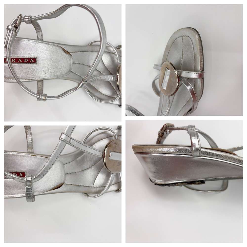 B5 Prada Metallic Leather Wedge Sandals 9.5 Silver T-Strap Medallion Strappy - Picture 9 of 14